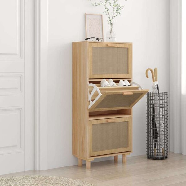 Fa Cipőtartó Szekrény - 3 Fiók - Rattan - 52x25x115 cm