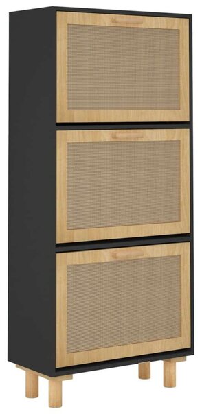 Rattan Cipőtartó Szekrény - Fekete Fa - 3 Fiókos - 52x25x115cm