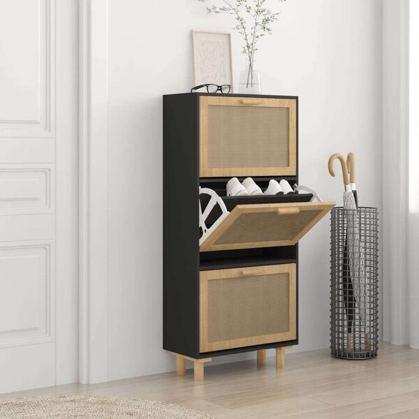 Rattan Cipőtartó Szekrény - Fekete Fa - 3 Fiókos - 52x25x115cm