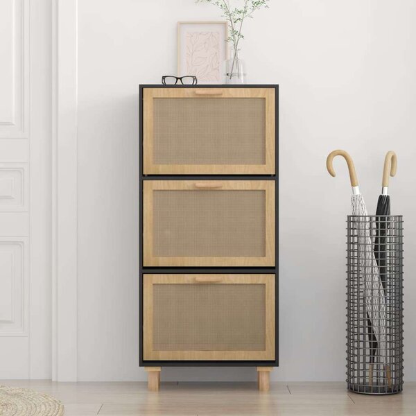 Rattan Cipőtartó Szekrény - Fekete Fa - 3 Fiókos - 52x25x115cm