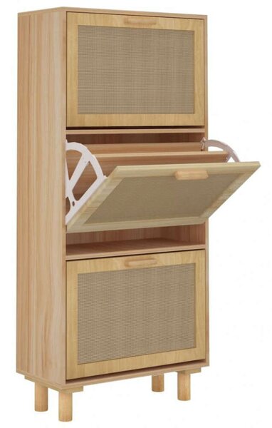Fa Cipőtartó Szekrény - 3 Fiók - Rattan - 52x25x115 cm