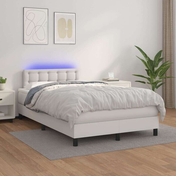 Fehér műbőr rugós ágy matraccal és led-del 120x200 cm