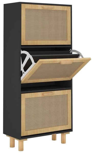 Rattan Cipőtartó Szekrény - Fekete Fa - 3 Fiókos - 52x25x115cm