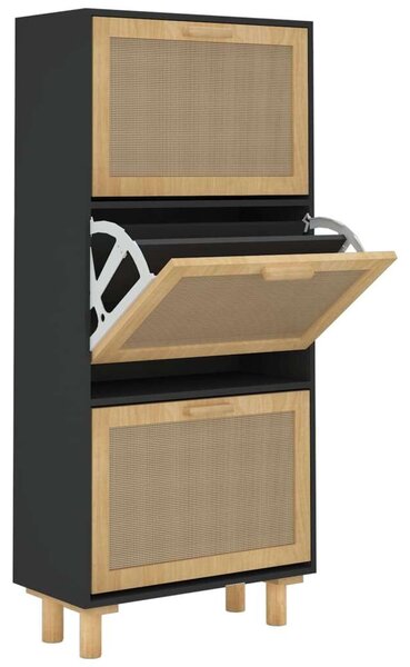 Rattan Cipőtartó Szekrény - Fekete Fa - 3 Fiókos - 52x25x115cm