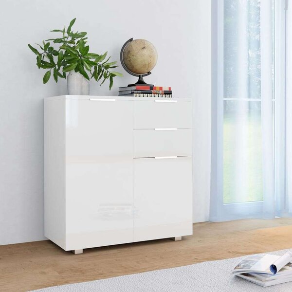Modern Fehér Magasfényű Tálalószekrény - 2 Fiók, 2 Ajtó - 71x35x76 cm