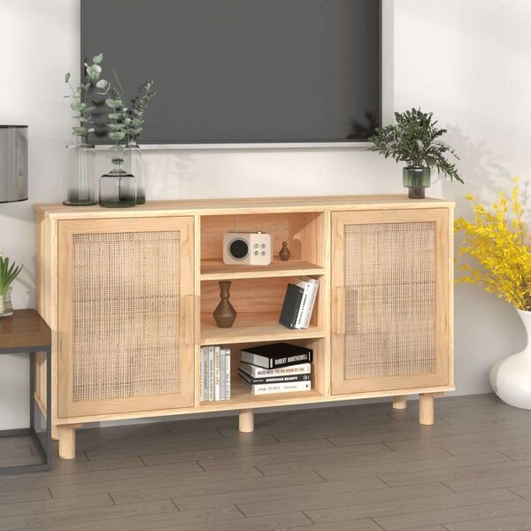 Fenyőfa-Rattan Tálalószekrény - 105x30x60 cm