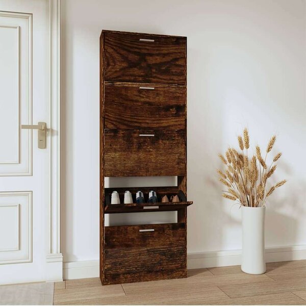 5 Fiókos Füstös Tölgy Fa Cipősszekrény - 59x17x169 cm