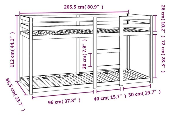 VidaXL fehér tömör fenyőfa emeletes ágy 80 x 200 cm