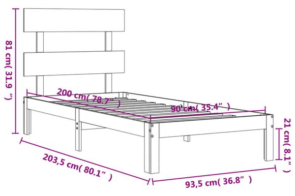 VidaXL tömör fa ágykeret fejtámlával 90 x 200 cm