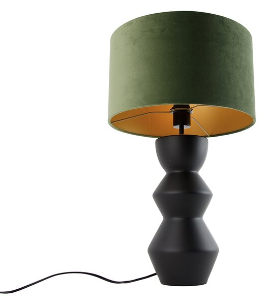 Design asztali lámpa fekete bársony búra zölddel és arannyal 35 cm - Alisia