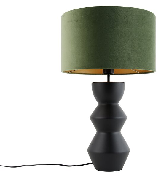 Design asztali lámpa fekete bársony búra zölddel és arannyal 35 cm - Alisia