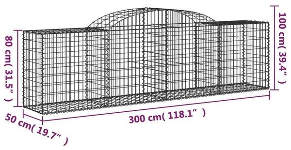 6 db íves horganyzott vas gabion kosár 300x50x80/100 cm