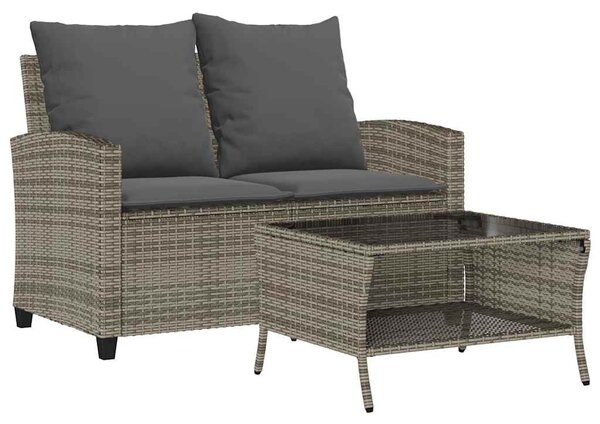 2 személyes szürke polyrattan kerti kanapé asztallal&párnával