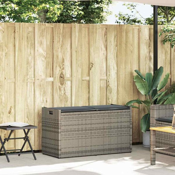 Szürke polyrattan kültéri tárolópad párnával 100 cm