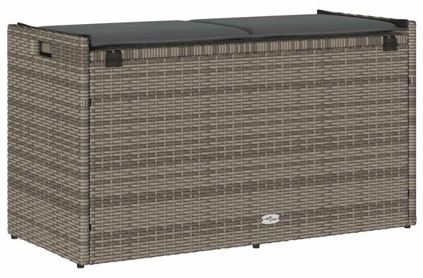 Szürke polyrattan kültéri tárolópad párnával 100 cm