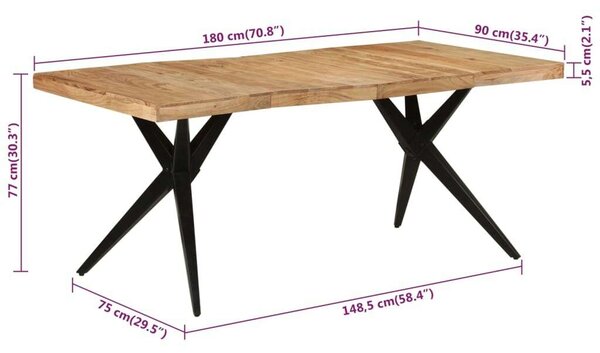 VidaXL fekete tömör akácfa étkezőasztal 180 x 90 x 77 cm