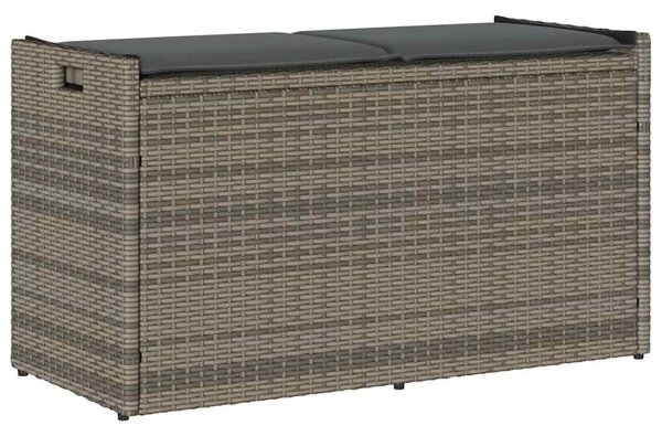 Szürke polyrattan kültéri tárolópad párnával 100 cm