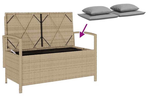 Bézs polyrattan kerti tárolópad párnával