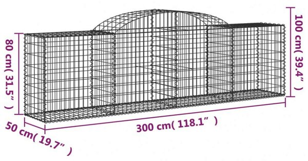 6 db íves horganyzott vas gabion kosár 300x50x80/100 cm