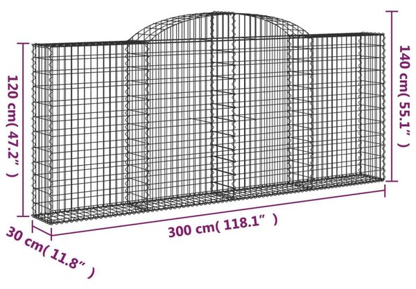 4 db íves horganyzott vas gabion kosár 300x30x120/140 cm