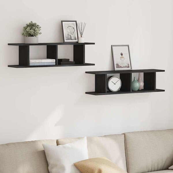 2 db fekete tölgyszínű szerelt fa fali polc 75 x 18 x 20 cm
