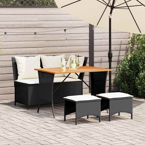 4 részes fekete polyrattan kerti étkezőszett párnákkal