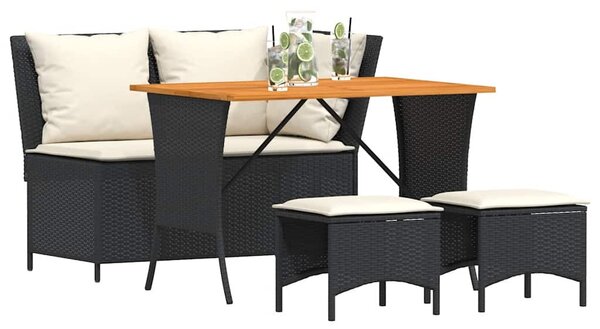 4 részes fekete polyrattan kerti étkezőszett párnákkal