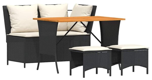 4 részes fekete polyrattan kerti étkezőszett párnákkal