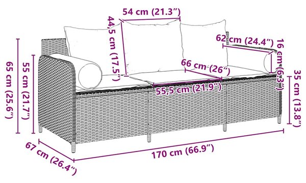 3 személyes barna polyrattan kerti kanapé párnával