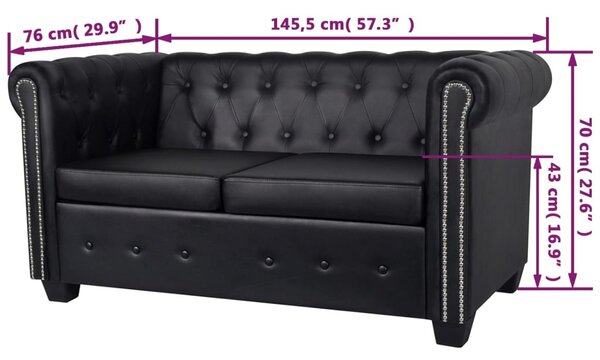 2 személyes fekete műbőr Chesterfield kanapé