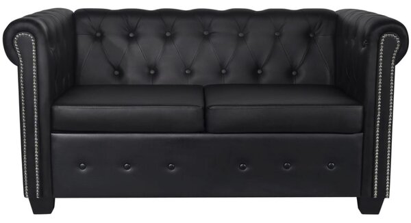 2 személyes fekete műbőr Chesterfield kanapé