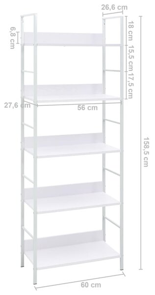 5 szintes fehér szerelt fa könyvespolc 60 x 27,6 x 158,5 cm