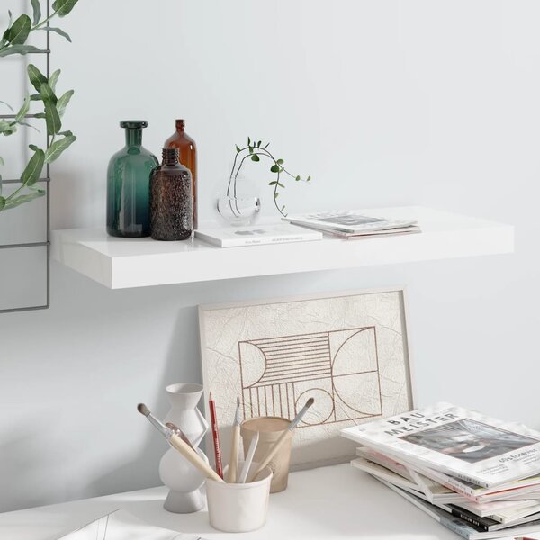 Magasfényű fehér MDF lebegő fali polc 60 x 23,5 x 3,8 cm