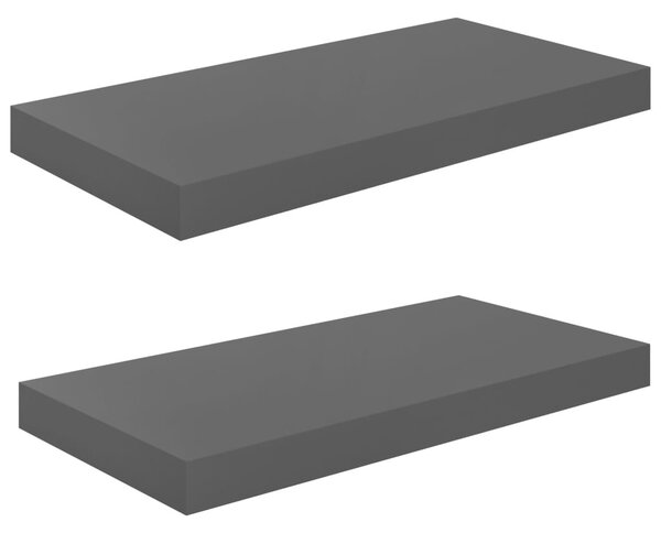 2 db magasfényű szürke MDF lebegő fali polc 50 x 23 x 3,8 cm