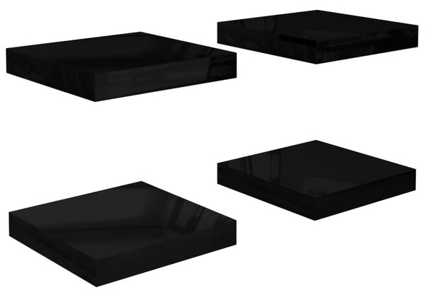 4 db magasfényű fekete MDF lebegő fali polc 23 x 23,5 x 3,8 cm