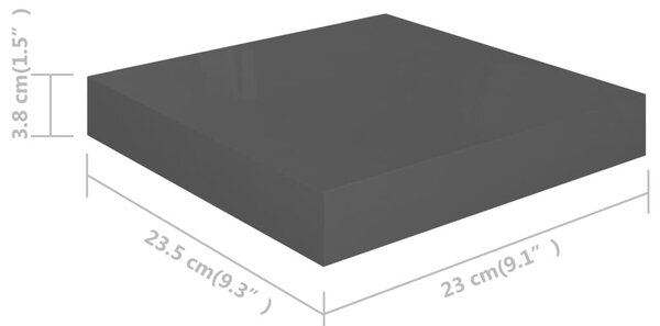 2 db magasfényű szürke MDF lebegő fali polc 23 x 23,5 x 3,8 cm