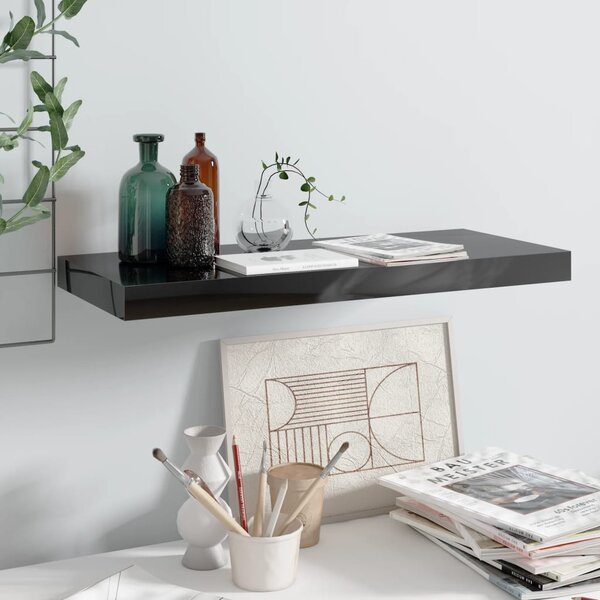 Magasfényű fekete MDF lebegő fali polc 60 x 23,5 x 3,8 cm
