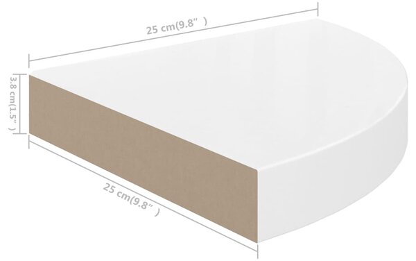Úszó sarokpolc magasfényű fehér MDF 25 x 25 x 3,8 cm