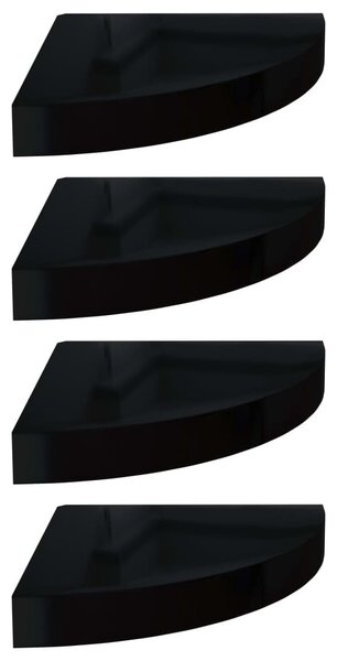 4 db magasfényű fekete MDF lebegő sarokpolc 25 x 25 x 3,8 cm