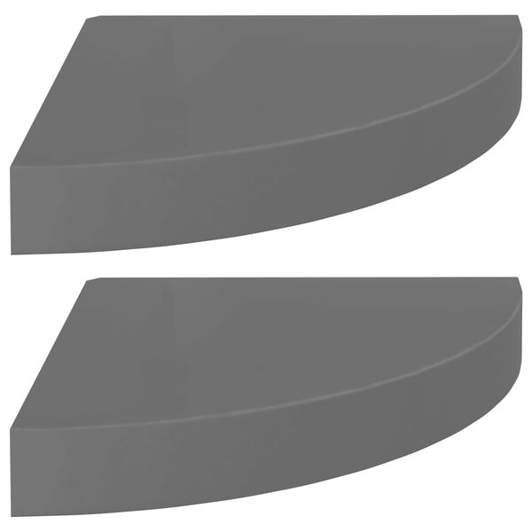 2 db magasfényű szürke MDF lebegő sarokpolc 25 x 25 x 3,8 cm
