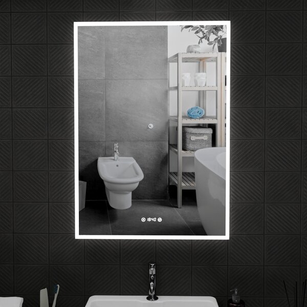 70x90cm álló fürdőszobai LED tükör | Páramentesítő funkció - Óra - Fényerő és színhőmérséklet szabályozás