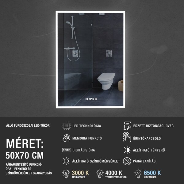 50x70cm álló fürdőszobai LED tükör | Páramentesítő funkció - Óra - Fényerő és színhőmérséklet szabályozás