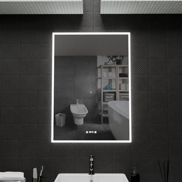 70x90cm álló fürdőszobai LED tükör | Páramentesítő funkció - Óra - Fényerő és színhőmérséklet szabályozás