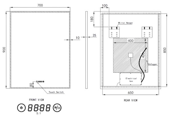 70x90cm álló fürdőszobai LED tükör | Páramentesítő funkció - Óra - Fényerő és színhőmérséklet szabályozás