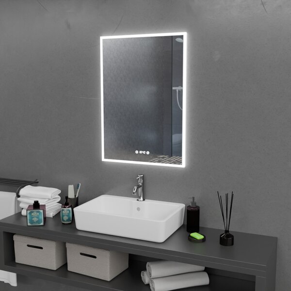 50x70cm álló fürdőszobai LED tükör | Páramentesítő funkció - Óra - Fényerő és színhőmérséklet szabályozás
