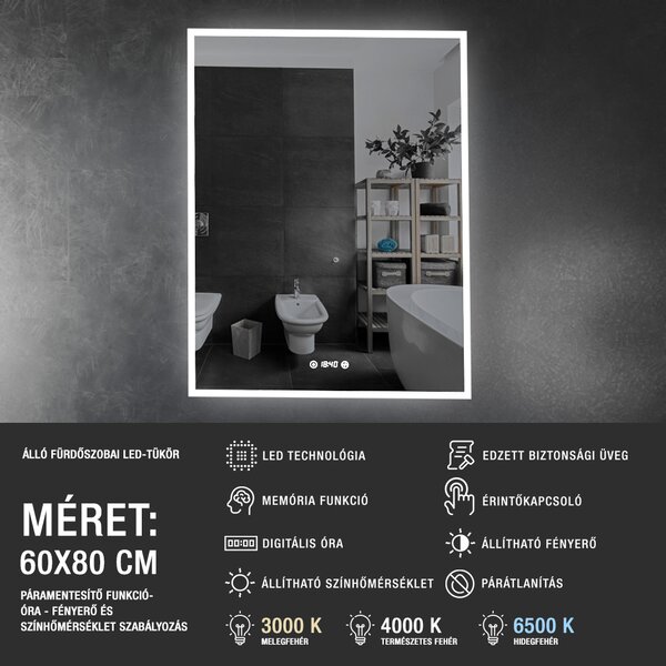 60x80cm álló fürdőszobai LED tükör | Páramentesítő funkció - Óra - Fényerő és színhőmérséklet szabályozás
