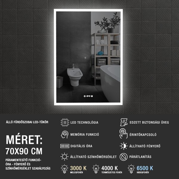 70x90cm álló fürdőszobai LED tükör | Páramentesítő funkció - Óra - Fényerő és színhőmérséklet szabályozás