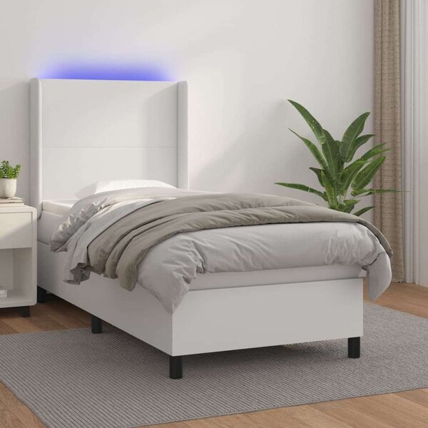 VidaXL Ágy - 90x200 cm - Fehér Műbőr - LED-es