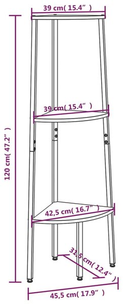 3 szintes fekete sarokpolc 45,5 x 31,5 x 120 cm