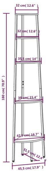 5 szintes fekete sarokpolc 45,5 x 31,5 x 180 cm